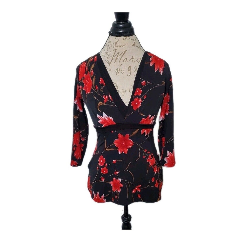 VINTAGE Y2K MOA MOA Med Baby Doll Top 3/4 Sleeve V Neck Stretch Black Red Floral